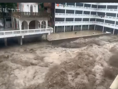 View of the flooded Manikaran Gurudwara Sahib in Kullu district 