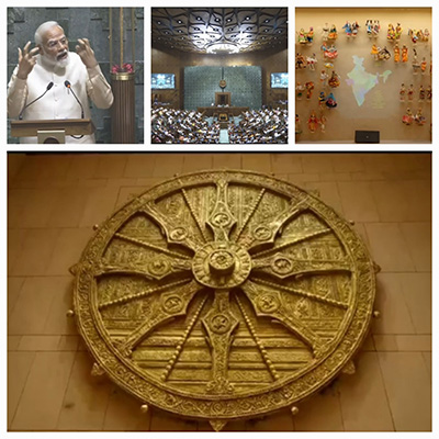PM of India Modi and images of New Parliament House in New Delhi 