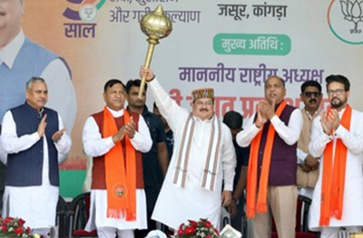 BJP chief JP Nadda, Jai Ram Thakur, Anurag Singh Thakur and Rajiv Bindal 