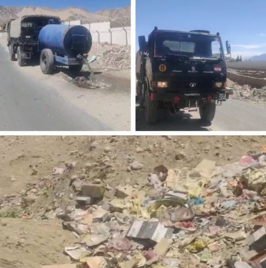 Army truck emptying sewage in Ladakh 