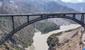 A train running over Chenab Railways Bridge on June 21, 2024